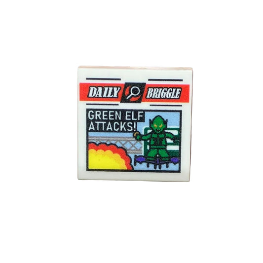 Custom LEGO® Tile 2x2 "Daily Briggle - GREEN ELF ATTACKS!" bedruckt – Fan Design - Brickhunter.shop
