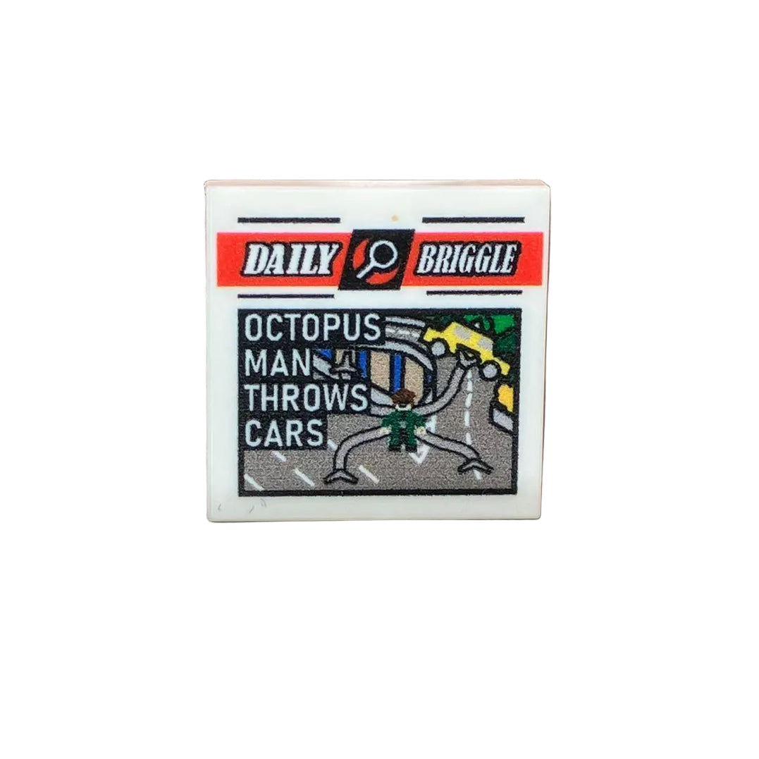 Custom LEGO® Tile 2x2 "Daily Briggle - OCTOPUS MAN THROWS CARS" bedruckt – Fan Design - Brickhunter.shop