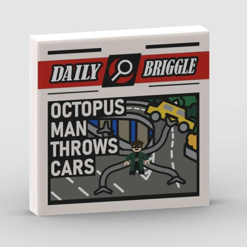 "Daily Briggle" 2x2 Tile "OCTOPUS MAN THROWS CARS" Brickhunter.shop