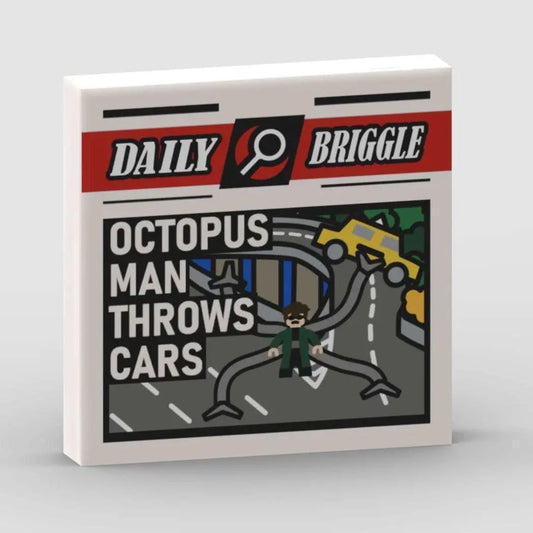 "Daily Briggle" 2x2 Tile "OCTOPUS MAN THROWS CARS" Brickhunter.shop