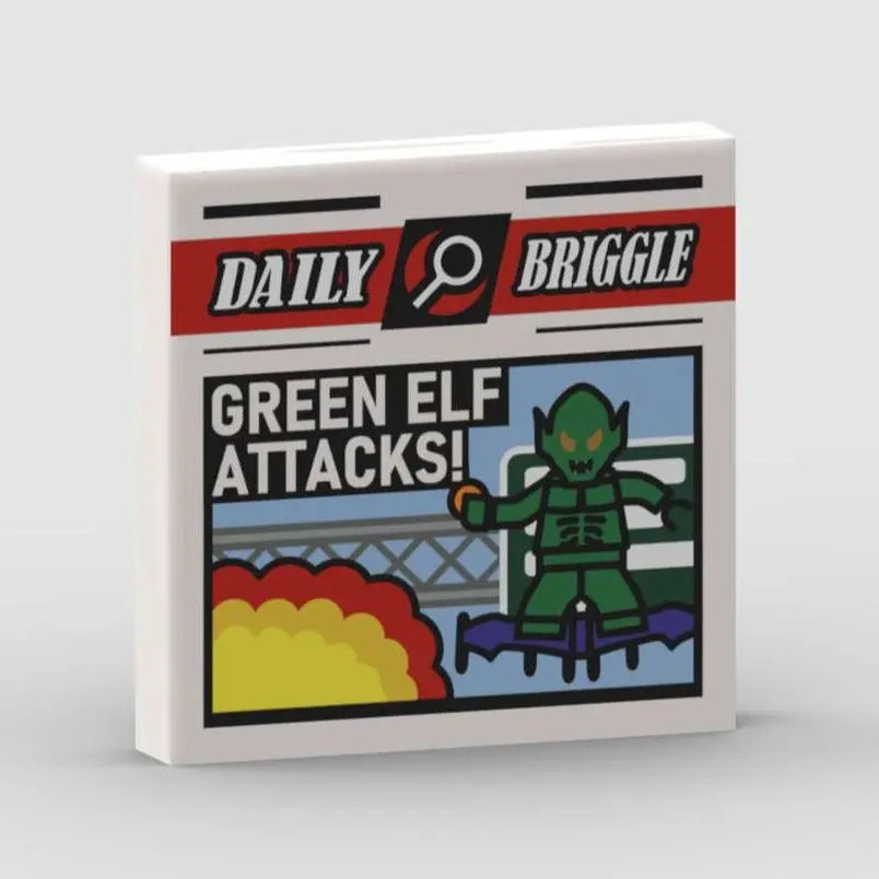 "Daily Briggle" 2x2 Tile "GREEN ELF ATTACKS!" Brickhunter.shop